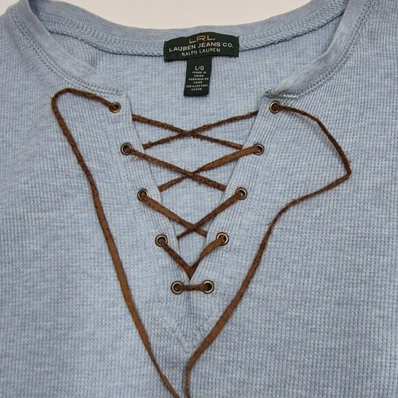 Lauren Jeans Co Waffle Knit Light Blue Lace-Up Long Sleeve Top Women's Sz Large - Picture 6 of 11